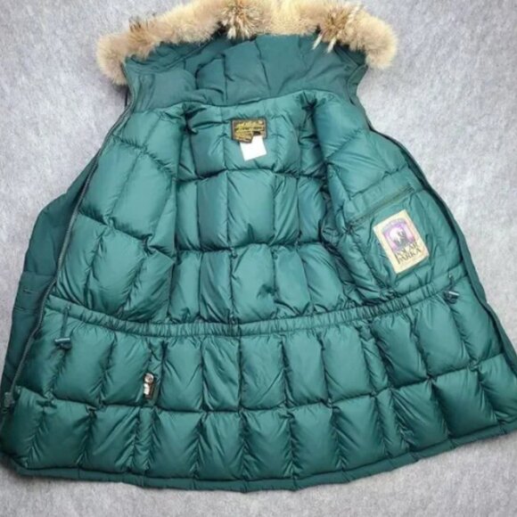 VTG Eddie Bauer Goose Down Premier Polar Parka Women M Canadian Coyote Fur Green - Picture 3 of 10